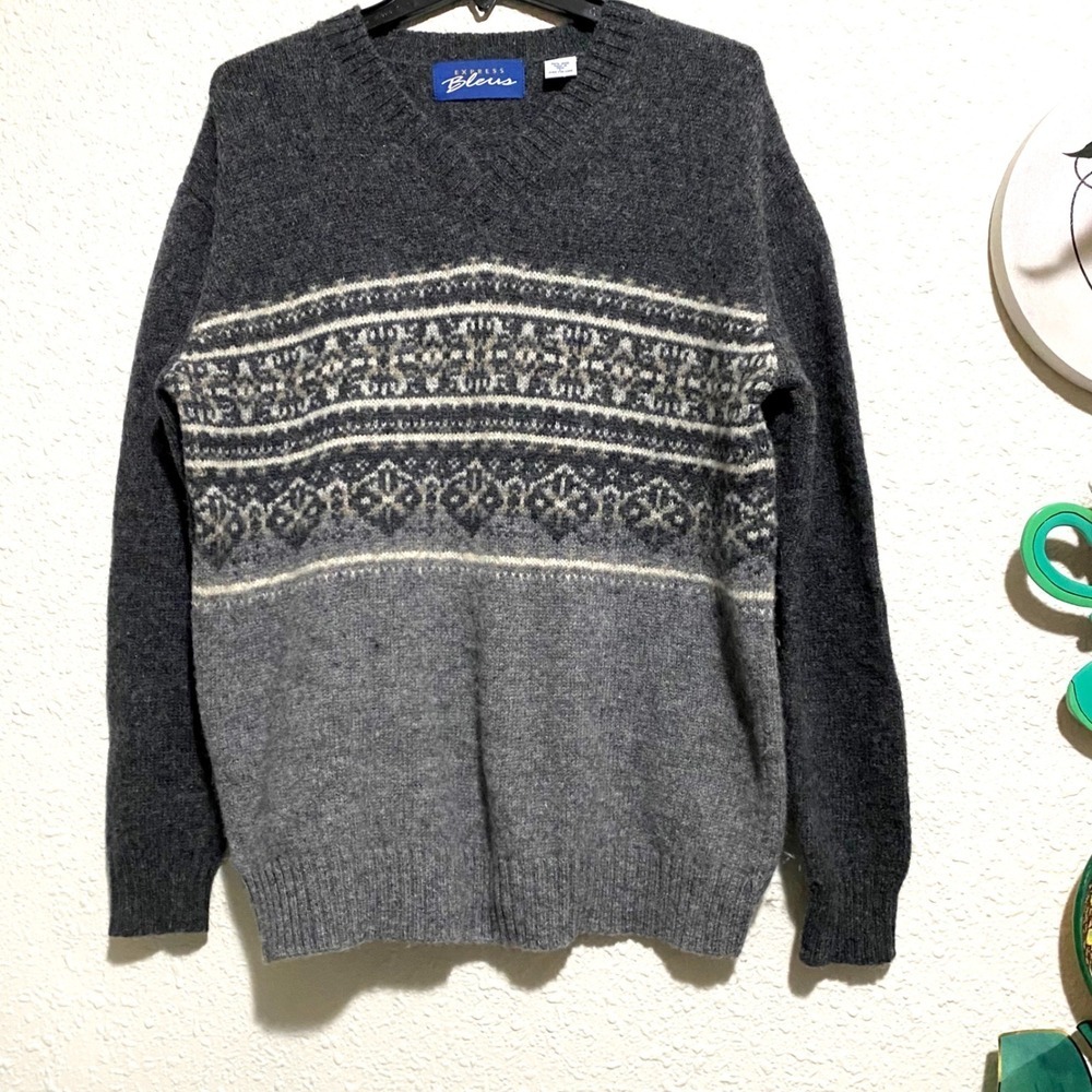 EXPRESS Bleu Men's L 100% Wool Fair Isle V-Neck‎ Sweater Dark Gray grandpacore